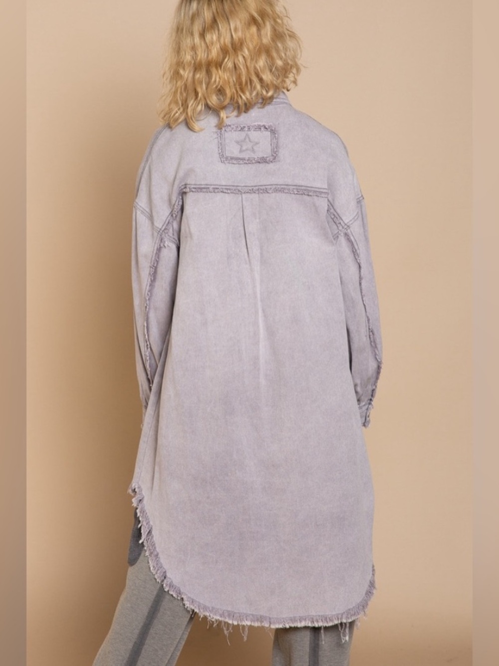 POL Light Brown 100% Cotton Longline Shacket Raw Edge Relaxed Fit Size Medium - Picture 11 of 11
